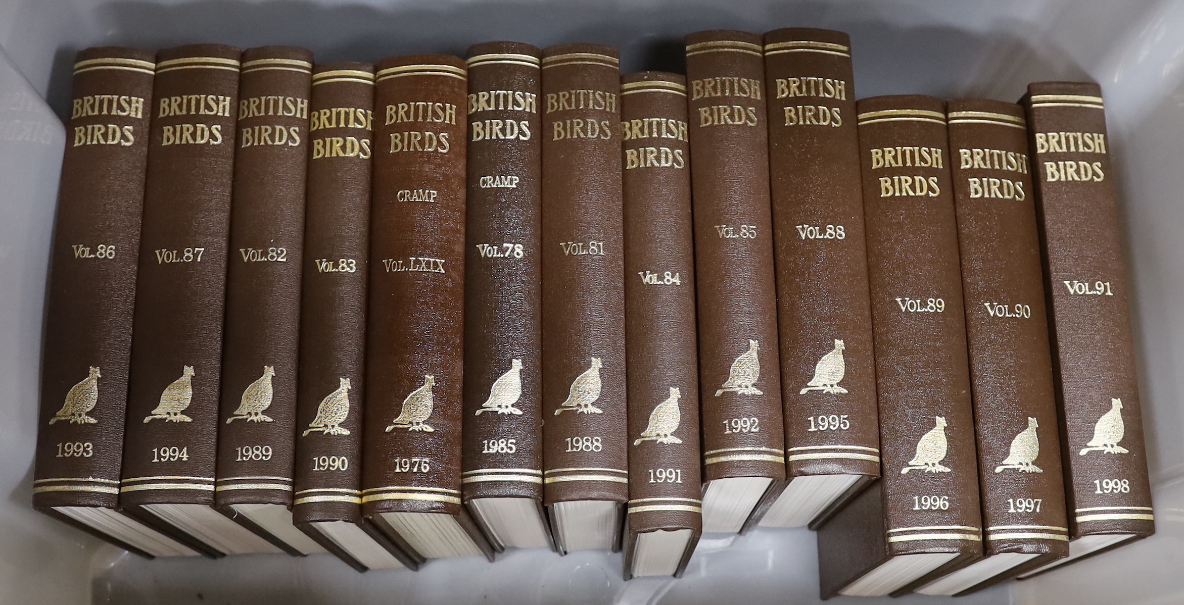 British Birds - vols. 40-102 (1947-2009). many photo and other illus. (some coloured); uniformly bound in gilt ruled brown cloth, pictorial gilt and lettered on spines, cr. & roy. 8vo. (62)